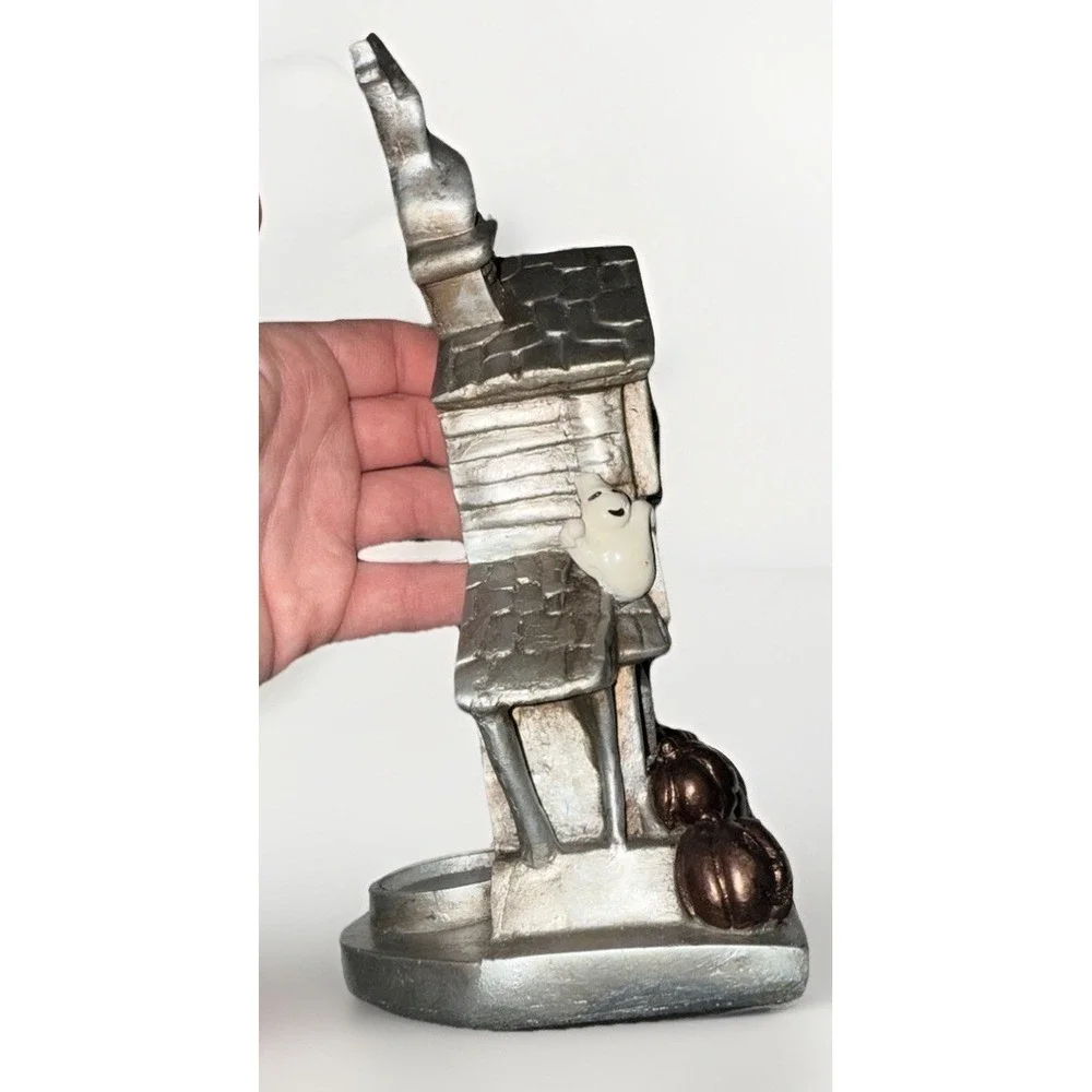 Silver Cast Metal Haunted House Tea Light Holder Halloween Ghost Pumpkin Decor